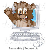 Vector Illustration of a Cartoon Bear Mascot Waving in a Computer Screen by Mascot Junction