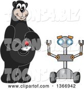 Vector Illustration of a Cartoon Black Bear School Mascot Controlling a Robot by Mascot Junction