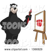 Vector Illustration of a Cartoon Black Bear School Mascot Painting a Paw Print on Canvas by Mascot Junction