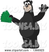 Vector Illustration of a Cartoon Black Bear School Mascot Waving and Holding Cash Money by Mascot Junction
