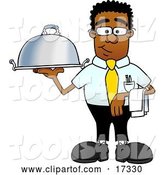 Vector Illustration of a Cartoon Black Business Man Mascot Holding a Serving Platter by Mascot Junction
