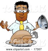 Vector Illustration of a Cartoon Black Business Man Mascot Serving a Thanksgiving Turkey on a Platter by Mascot Junction