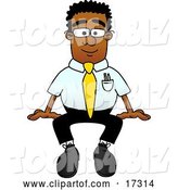 Vector Illustration of a Cartoon Black Business Man Mascot Sitting by Mascot Junction