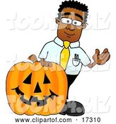 Vector Illustration of a Cartoon Black Business Man Mascot with a Carved Halloween Pumpkin by Mascot Junction