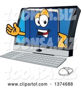 Vector Illustration of a Cartoon Blue Book Mascot Emerging from a Desktop Computer Screen by Mascot Junction