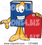 Vector Illustration of a Cartoon Blue Book Mascot Holding a Sales Price Tag by Mascot Junction
