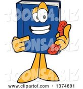 Vector Illustration of a Cartoon Blue Book Mascot Holding and Pointing to a Telephone Receiver by Mascot Junction