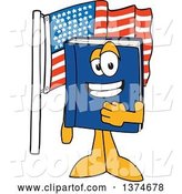 Vector Illustration of a Cartoon Blue Book Mascot Pledging Allegiance by an American Flag by Mascot Junction