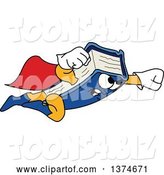 Vector Illustration of a Cartoon Blue Book Mascot Super Hero Flying by Mascot Junction