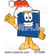 Vector Illustration of a Cartoon Blue Book Mascot Wearing a Christmas Santa Hat and Waving by Mascot Junction