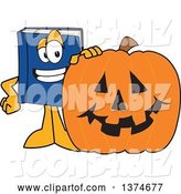 Vector Illustration of a Cartoon Blue Book Mascot with a Halloween Jackolantern Pumpkin by Mascot Junction