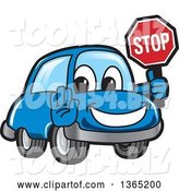 Vector Illustration of a Cartoon Blue Car Mascot Gesturing and Holding a Stop Sign by Mascot Junction