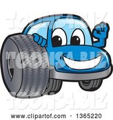 Vector Illustration of a Cartoon Blue Car Mascot Gesturing Ok by a Tire by Mascot Junction