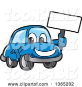Vector Illustration of a Cartoon Blue Car Mascot Holding a Blank Sign by Mascot Junction