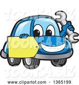 Vector Illustration of a Cartoon Blue Car Mascot Holding a Wrench and a Tag by Mascot Junction