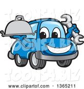 Vector Illustration of a Cartoon Blue Car Mascot Holding a Wrench and Cloche Platter by Mascot Junction