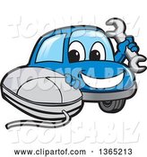 Vector Illustration of a Cartoon Blue Car Mascot Holding a Wrench by a Computer Mouse by Mascot Junction