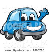 Vector Illustration of a Cartoon Blue Car Mascot Waving and Pointing by Mascot Junction