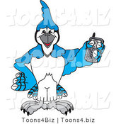 Vector Illustration of a Cartoon Blue Jay Mascot Holding a Cell Phone by Mascot Junction