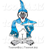 Vector Illustration of a Cartoon Blue Jay Mascot Pointing Outwards by Mascot Junction