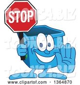 Vector Illustration of a Cartoon Blue Recycle Bin Mascot Gesturing and Holding a Stop Sign by Mascot Junction