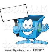 Vector Illustration of a Cartoon Blue Recycle Bin Mascot Holding a Blank Sign by Mascot Junction