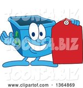 Vector Illustration of a Cartoon Blue Recycle Bin Mascot Holding a Sales Tag by Mascot Junction