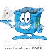 Vector Illustration of a Cartoon Blue Recycle Bin Mascot Holding a Tin Can by Mascot Junction