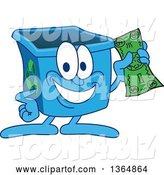 Vector Illustration of a Cartoon Blue Recycle Bin Mascot Holding Cash Money by Mascot Junction