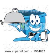 Vector Illustration of a Cartoon Blue Recycle Bin Mascot Waiter Holding a Cloche Platter by Mascot Junction