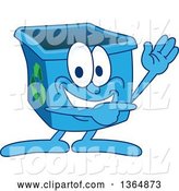 Vector Illustration of a Cartoon Blue Recycle Bin Mascot Waving and Pointing by Mascot Junction