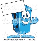 Vector Illustration of a Cartoon Blue Rolling Trash Can Bin Mascot Holding a Blank Sign by Mascot Junction