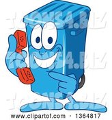 Vector Illustration of a Cartoon Blue Rolling Trash Can Bin Mascot Holding and Pointing to a Telephone by Mascot Junction