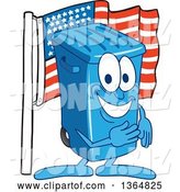 Vector Illustration of a Cartoon Blue Rolling Trash Can Bin Mascot Pledging Allegiance to the American Flag by Mascot Junction