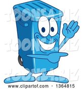 Vector Illustration of a Cartoon Blue Rolling Trash Can Bin Mascot Waving and Pointing by Mascot Junction