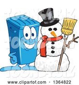 Vector Illustration of a Cartoon Blue Rolling Trash Can Bin Mascot with a Christmas Snowman by Mascot Junction