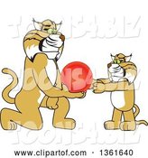 Vector Illustration of a Cartoon Bobcat Mascot Giving a Ball to a Cub, Symbolizing Compassion by Mascot Junction