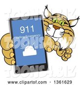 Vector Illustration of a Cartoon Bobcat Mascot Holding up a Smart Phone with an Emergency Screen, Symbolizing Safety by Mascot Junction