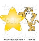 Vector Illustration of a Cartoon Bobcat Mascot Leaning Against a Gold Star, Symbolizing Excellence by Mascot Junction