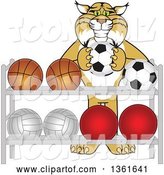 Vector Illustration of a Cartoon Bobcat Mascot Putting a Soccer Ball Back on a Rack, Symbolizing Respect by Mascot Junction