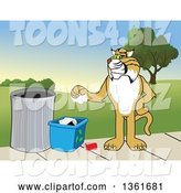 Vector Illustration of a Cartoon Bobcat Mascot Recycling, Symbolizing Integrity, Against a Park Landscape by Mascot Junction