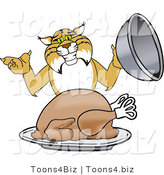Vector Illustration of a Cartoon Bobcat Mascot Serving a Turkey by Mascot Junction