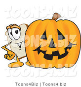 Vector Illustration of a Cartoon Bread Mascot Standing Behind a Halloween Pumpkin by Mascot Junction