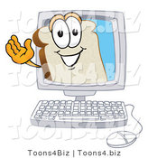 Vector Illustration of a Cartoon Bread Mascot Waving from Inside a Computer Screen by Mascot Junction