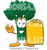 Vector Illustration of a Cartoon Broccoli Mascot Holding a Yellow Sales Price Tag by Mascot Junction