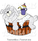 Vector Illustration of a Cartoon Bulldog Mascot Bathing with a Drink in a Wooden Tub by Mascot Junction