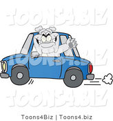 Vector Illustration of a Cartoon Bulldog Mascot Waving and Driving a Blue Car by Mascot Junction