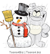 Vector Illustration of a Cartoon Bulldog Mascot with a Christmas Snowman by Mascot Junction