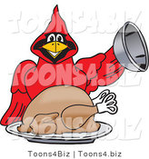 Vector Illustration of a Cartoon Cardinal Mascot Serving a Thanksgiving Turkey by Mascot Junction