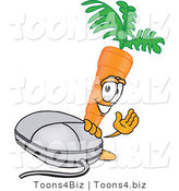 Vector Illustration of a Cartoon Carrot Mascot Waving While Standing by a Computer Mouse by Mascot Junction